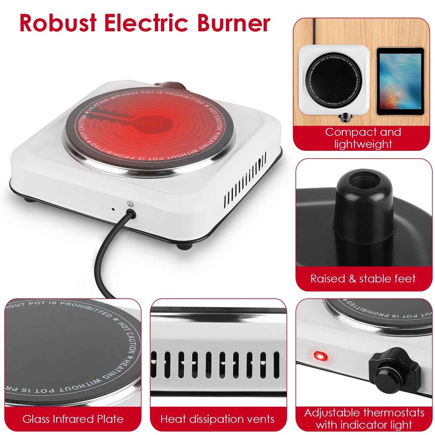 1000W Infrared Single Burner Hot Plate with Glass Cooktop