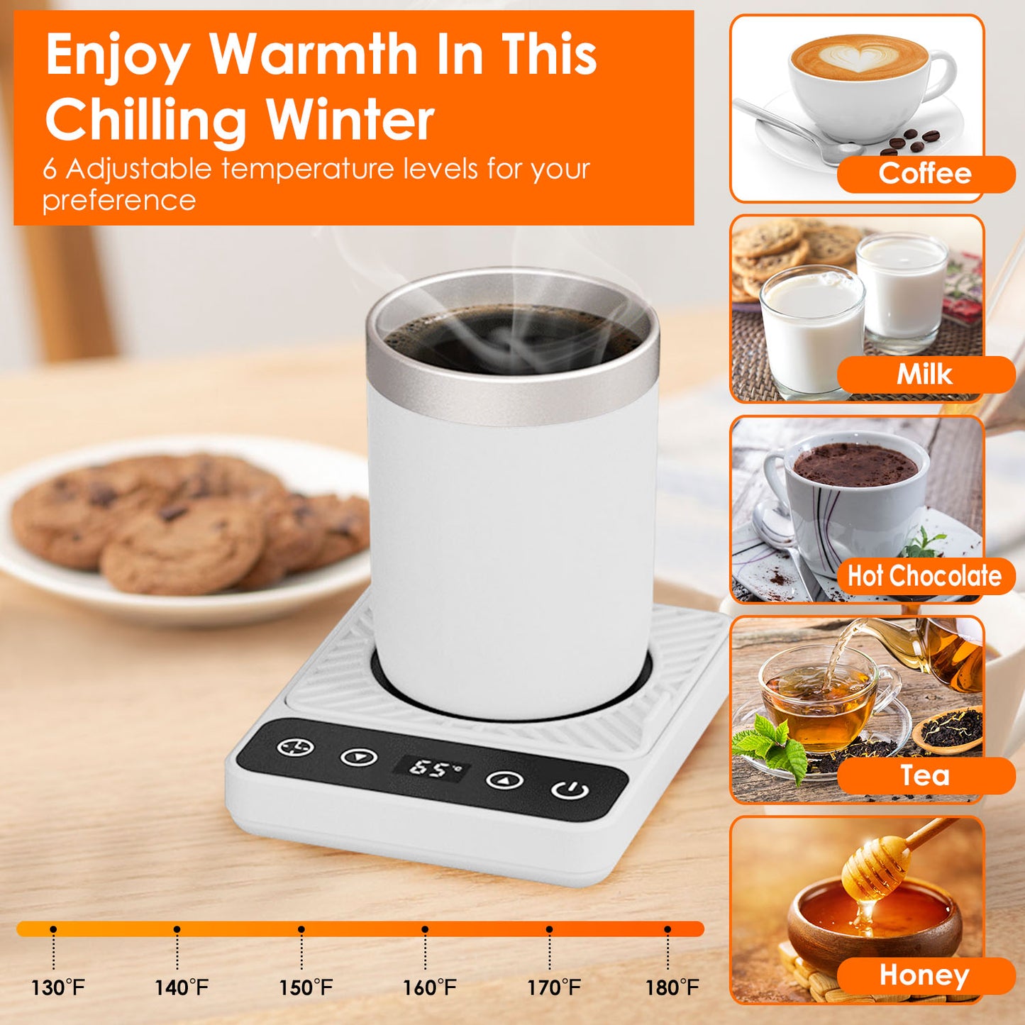 Electric Mug Warmer with 6 Temperature Levels & Auto Shut-Off