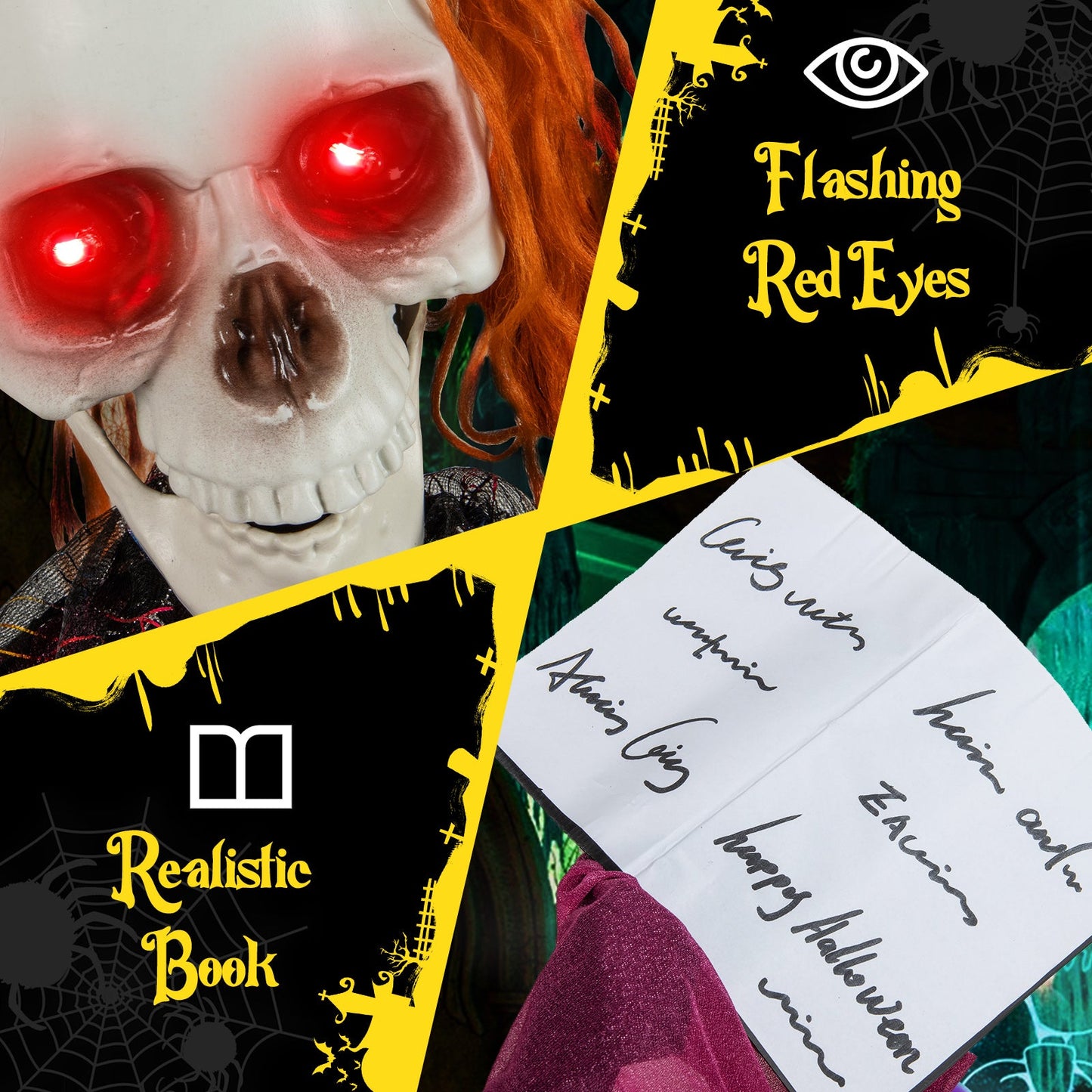 6 Feet Halloween Animatronic Standing Girl Holding Book with Sound-Activated Light-up Eyes and Moving Arms & Head