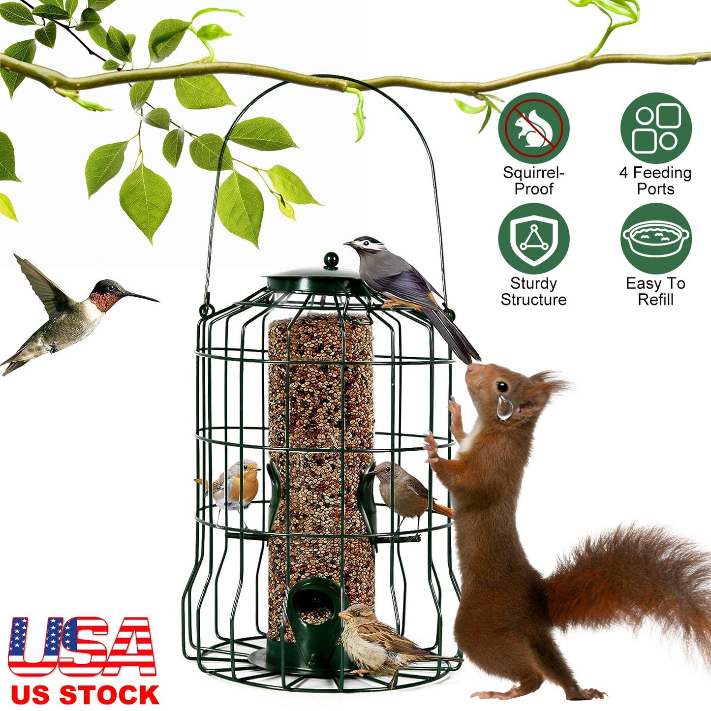 Squirrel-Proof Metal Bird Feeder with 4 Feeding Ports