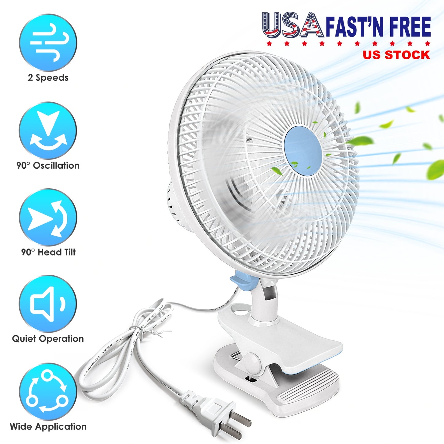 8.66" Clip-On Fan with 90° Oscillation & 2 Speed Settings