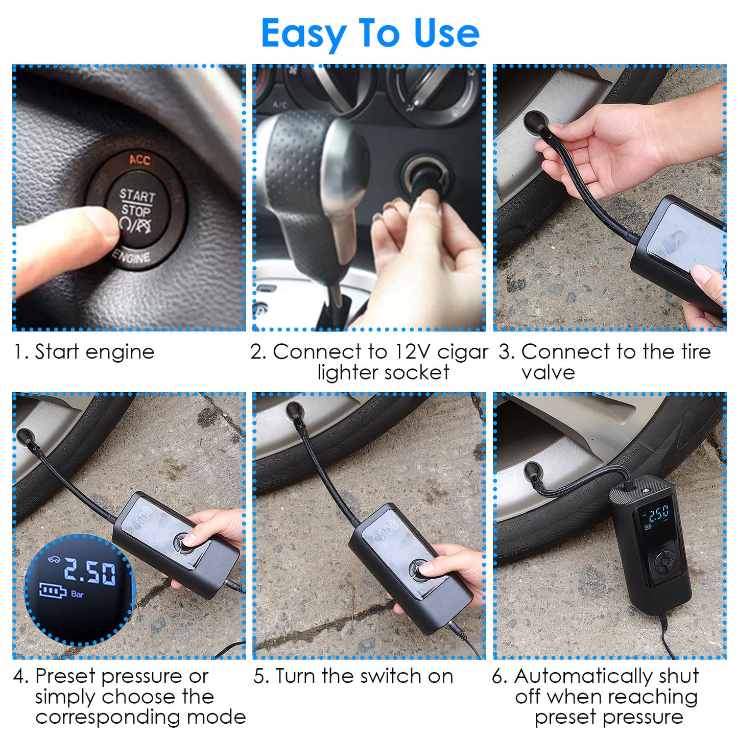 Portable Car Tire Inflator with LED Light & Digital Display