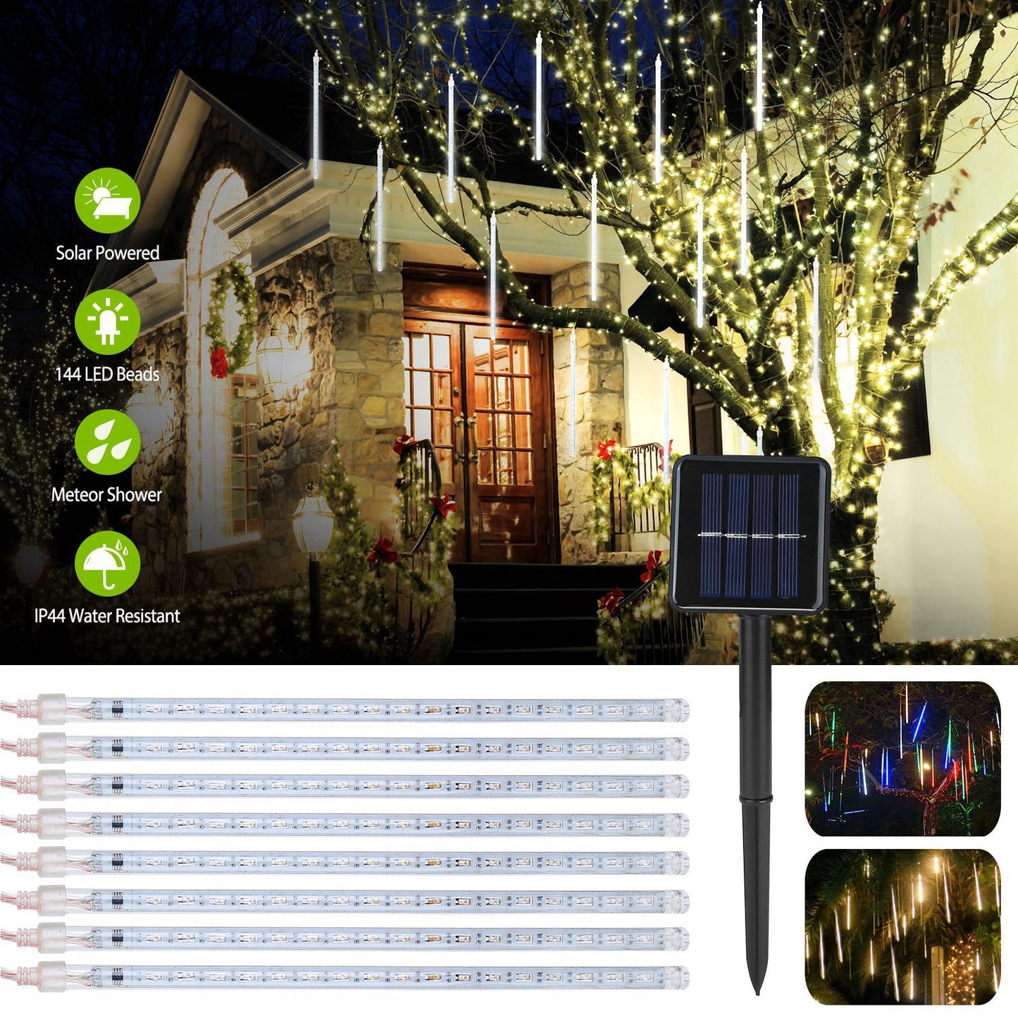 Solar Meteor Shower String Lights 8 Tubes 144 LED Waterproof