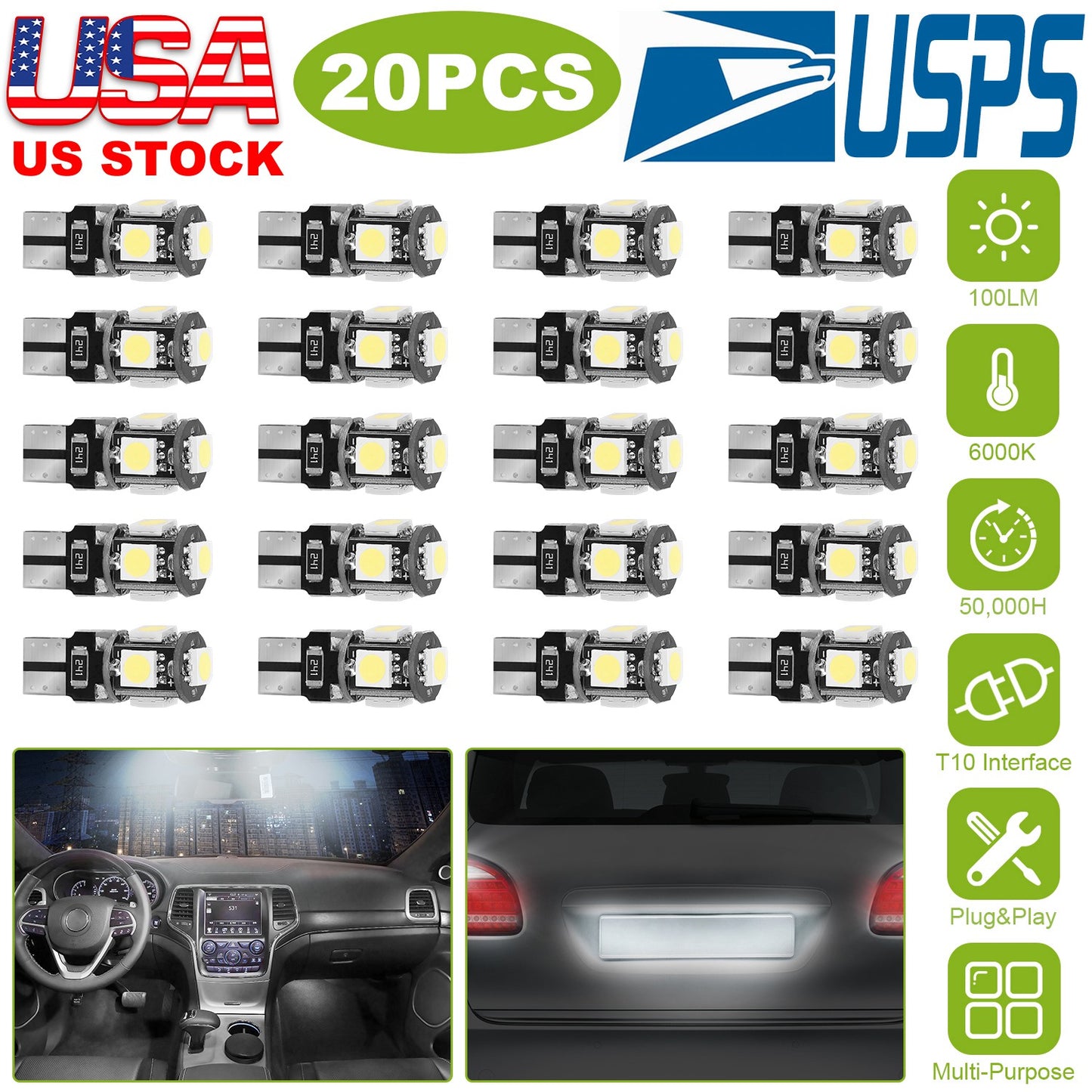 T10 LED Light Bulbs 20-Pack 6000K White Car Interior Lights