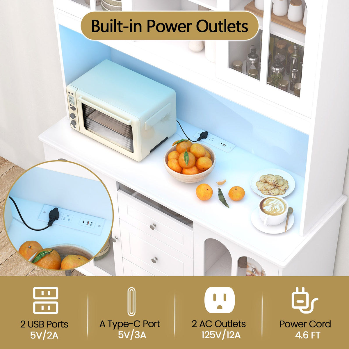 73 Inch Kitchen Pantry Storage Cabinet Freestanding Buffet Cabinet with LED Lights-White