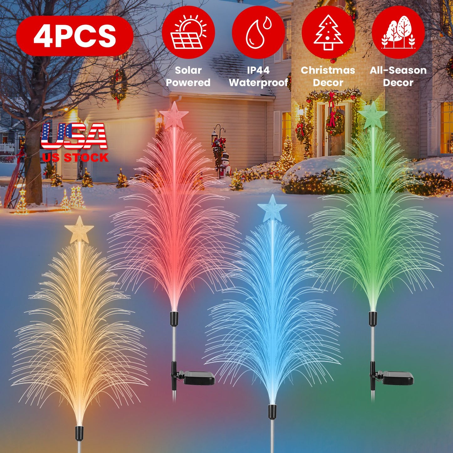 Solar Christmas Tree Stake Lights - 7 Color Changing (4-Pack)