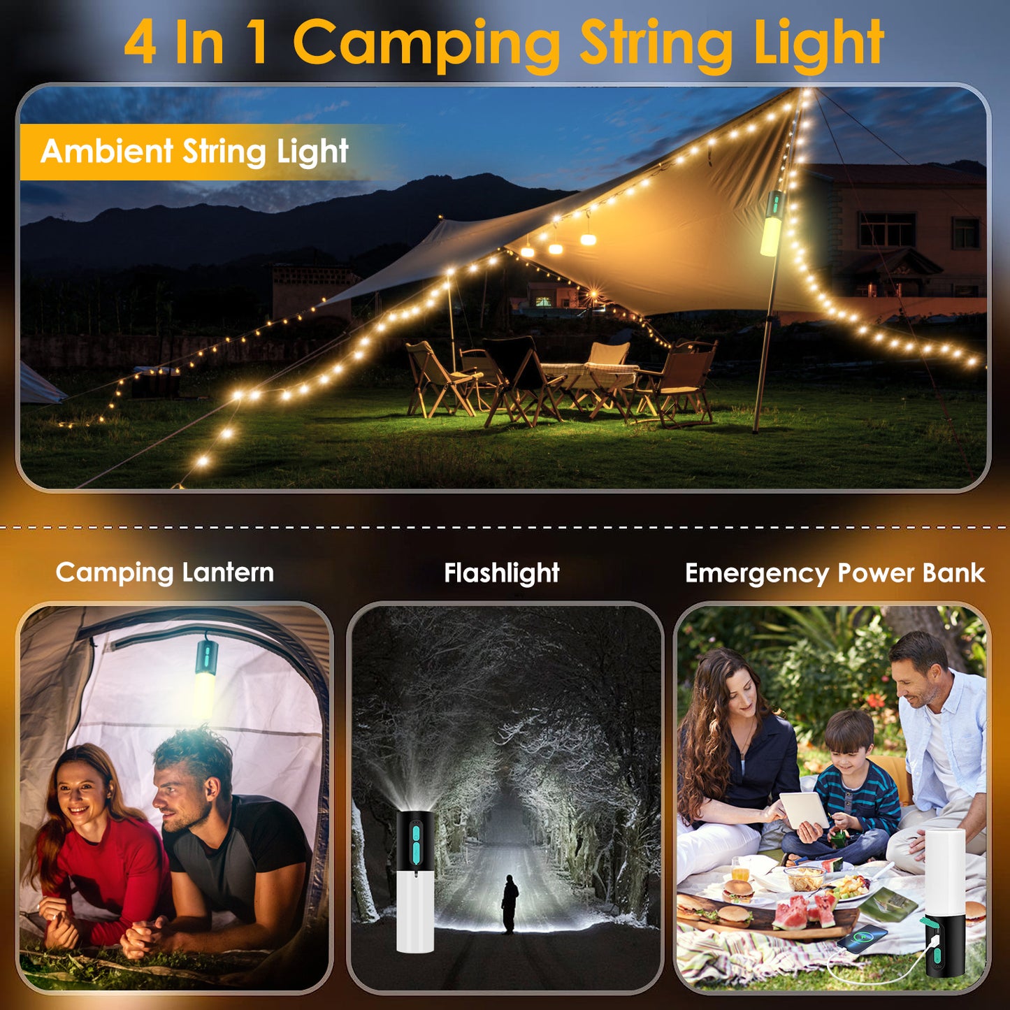 Rechargeable Camping Lantern with 33ft String Light & Power Bank