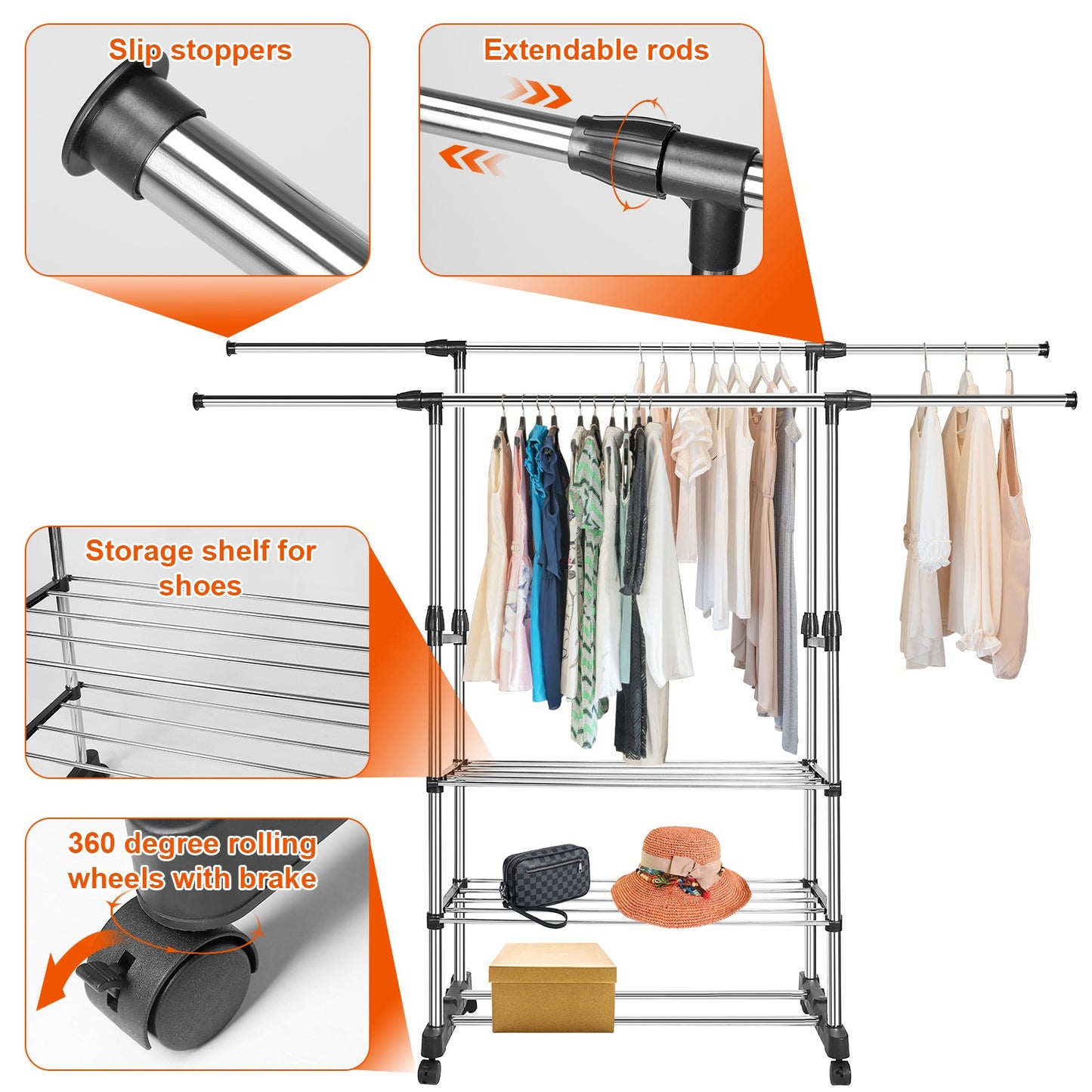 Extendable Garment Rack with Wheels - Adjustable Clothing Rail