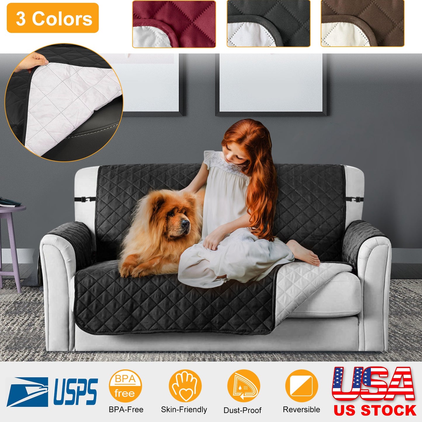 Reversible Sofa Cover with Elastic Straps - Water-Resistant