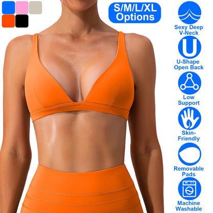 Women Deep V-Neck Sports Bras U-Shaped Back Sport Bras Padded Strappy Crop Open Back Low Impact Bras Sexy Fitness Tank Tops with Removable Pads for Gy
