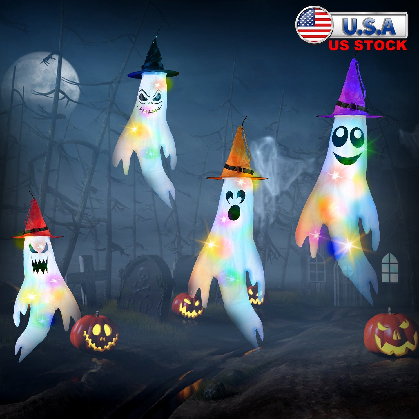 Halloween Ghost Windsocks with Witch Hats & LED Lights (4-Pack)