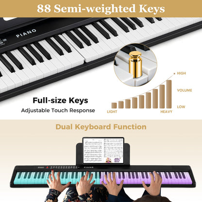 88 Key Foldable Piano Keyboard Portable Semi Weighted Electric Piano-Black