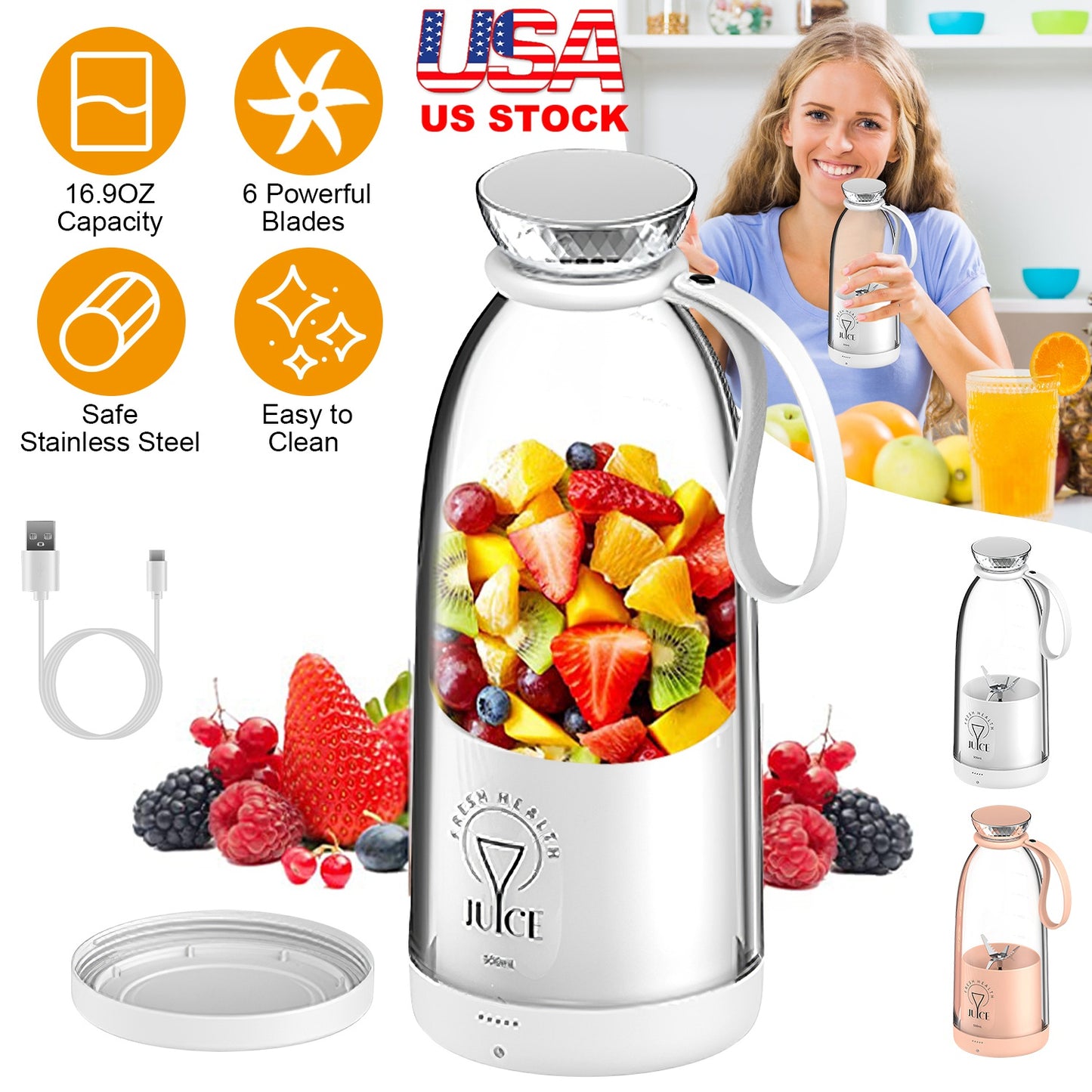 Portable Blender 16.9oz Rechargeable with 6 Stainless Blades