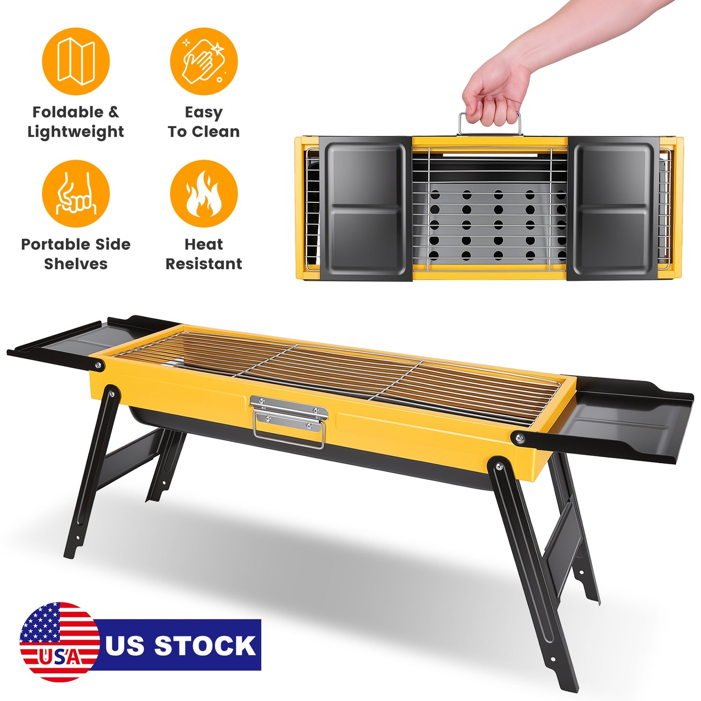 Portable Folding Charcoal Grill with Side Shelves