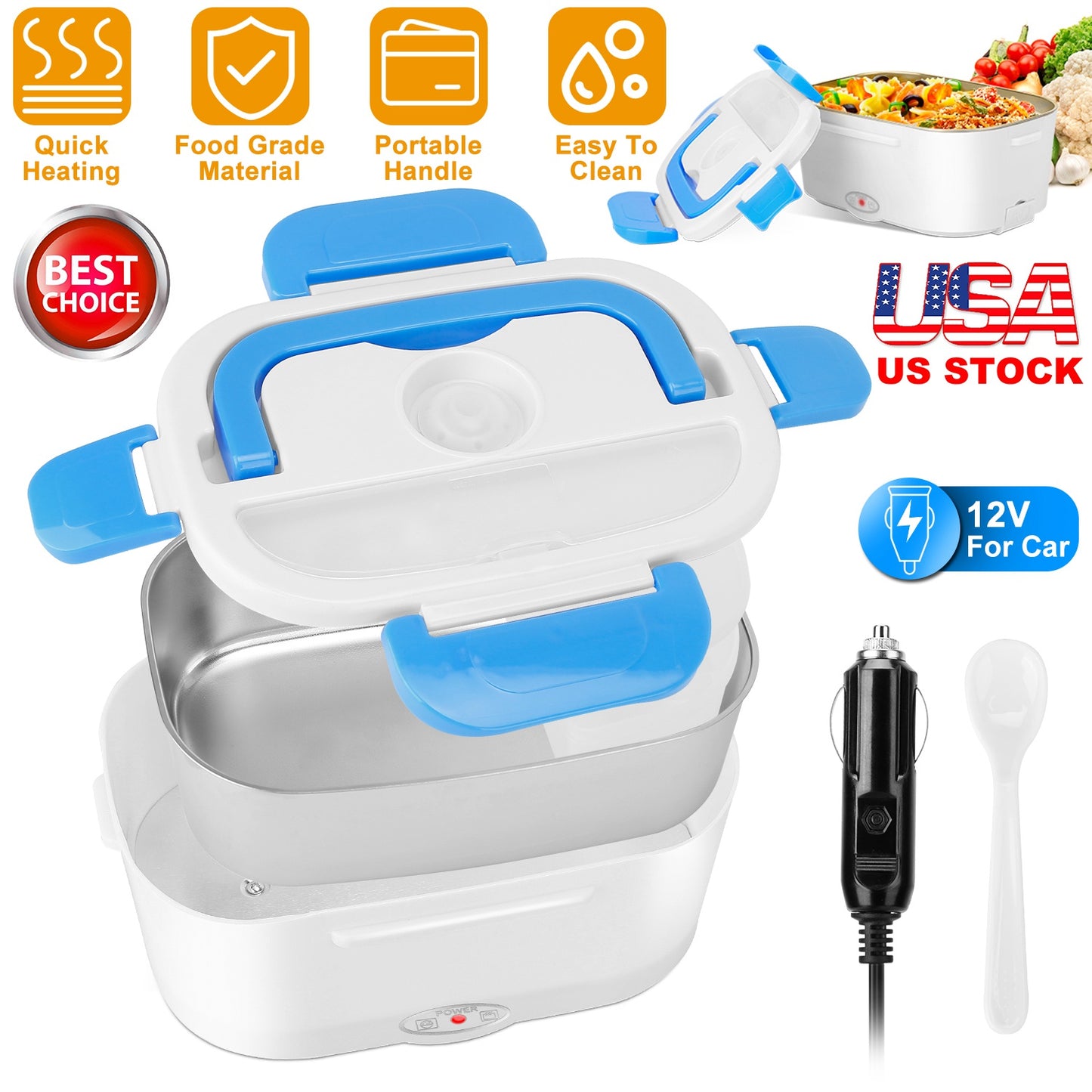 Electric Heated Lunch Box with Dual Compartments & Car Adapter