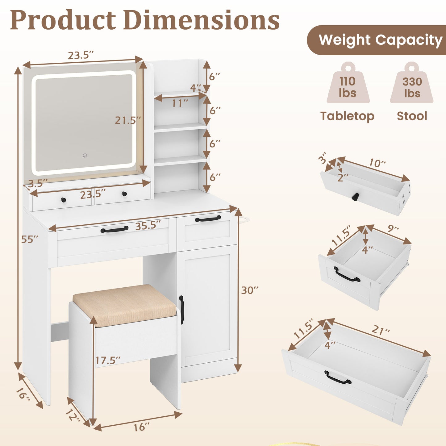 Vanity Set with Lighted Mirror and Charging Station