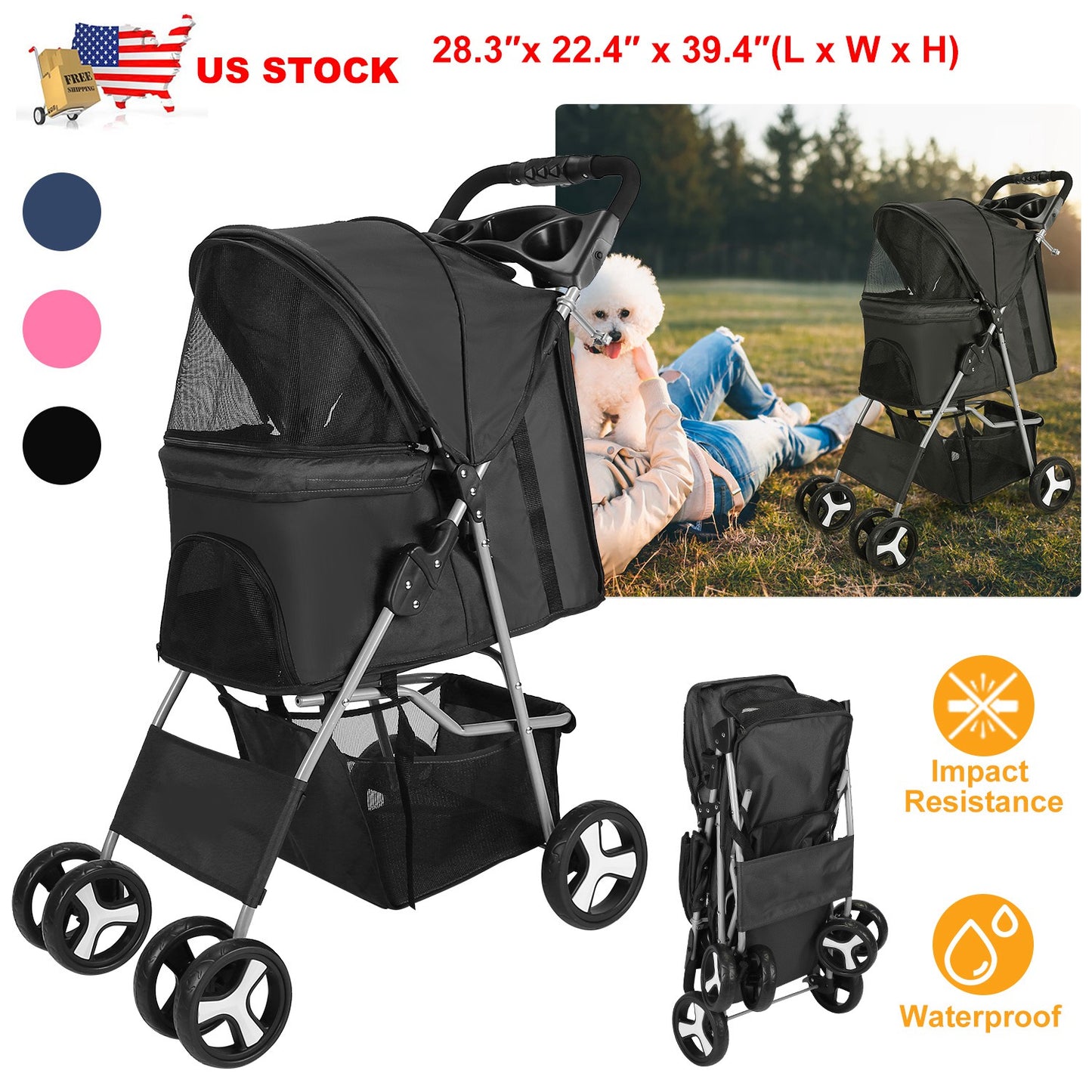 Pet Stroller with 4 Wheels - Foldable Carrier for Dogs & Cats