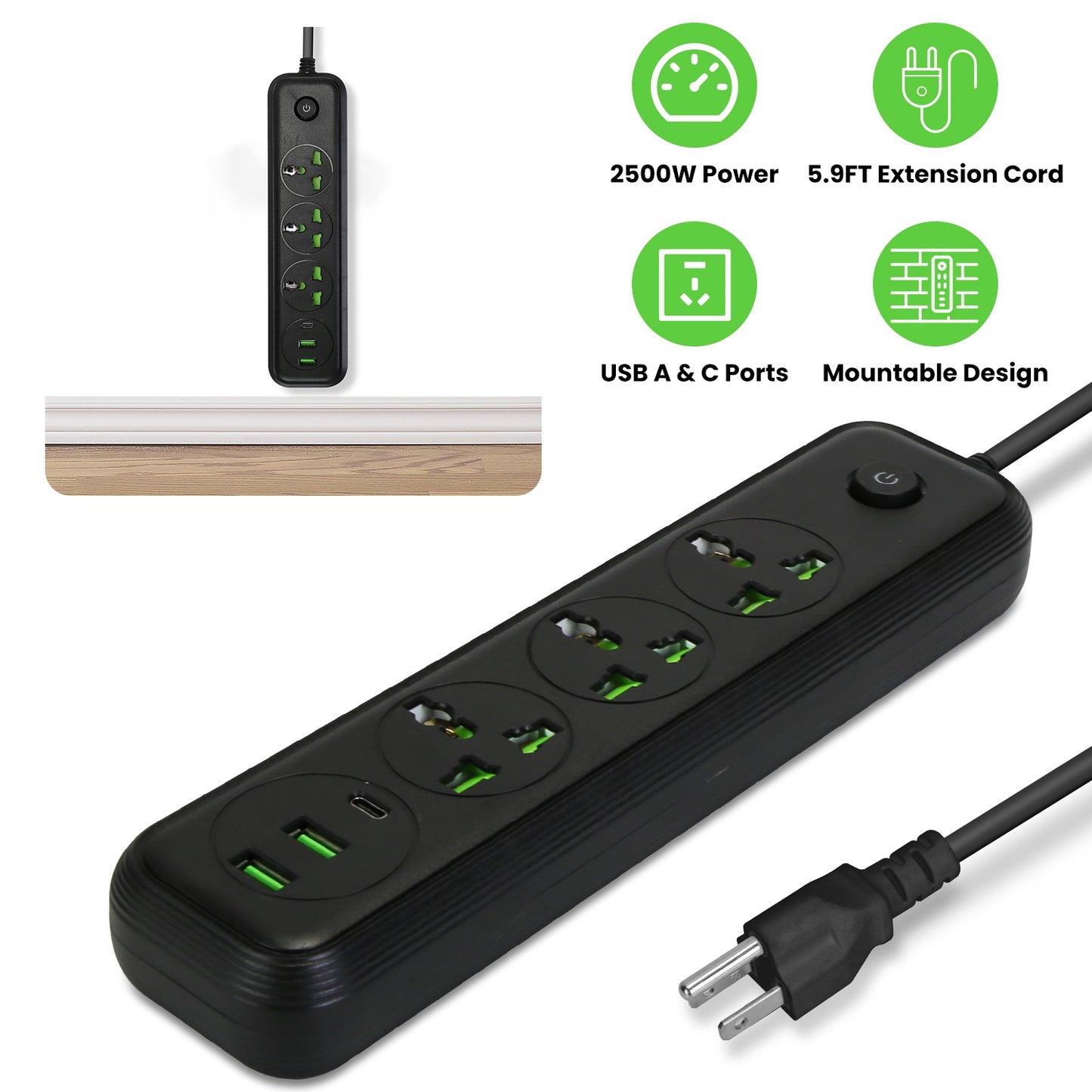 Power Strip with 5.9ft Extension Cord, 3 AC Outlets & USB Ports