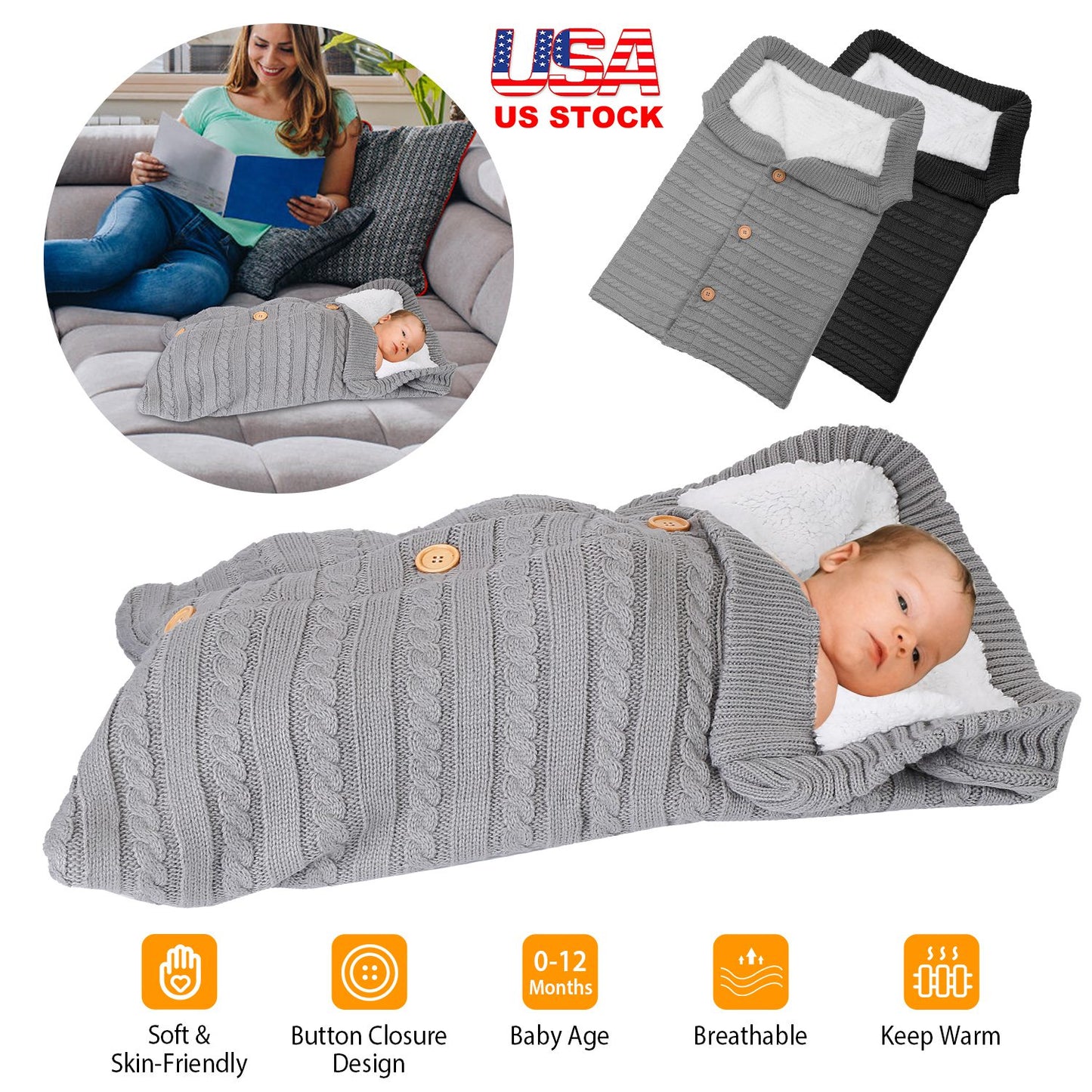Baby Knit Swaddle Blanket with Button Closure 0-12 Months