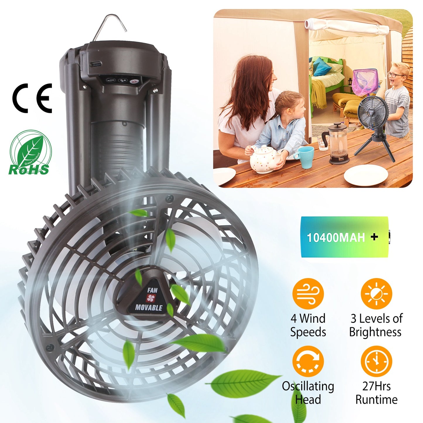 Portable Camping Fan with LED Light and Tripod Stand