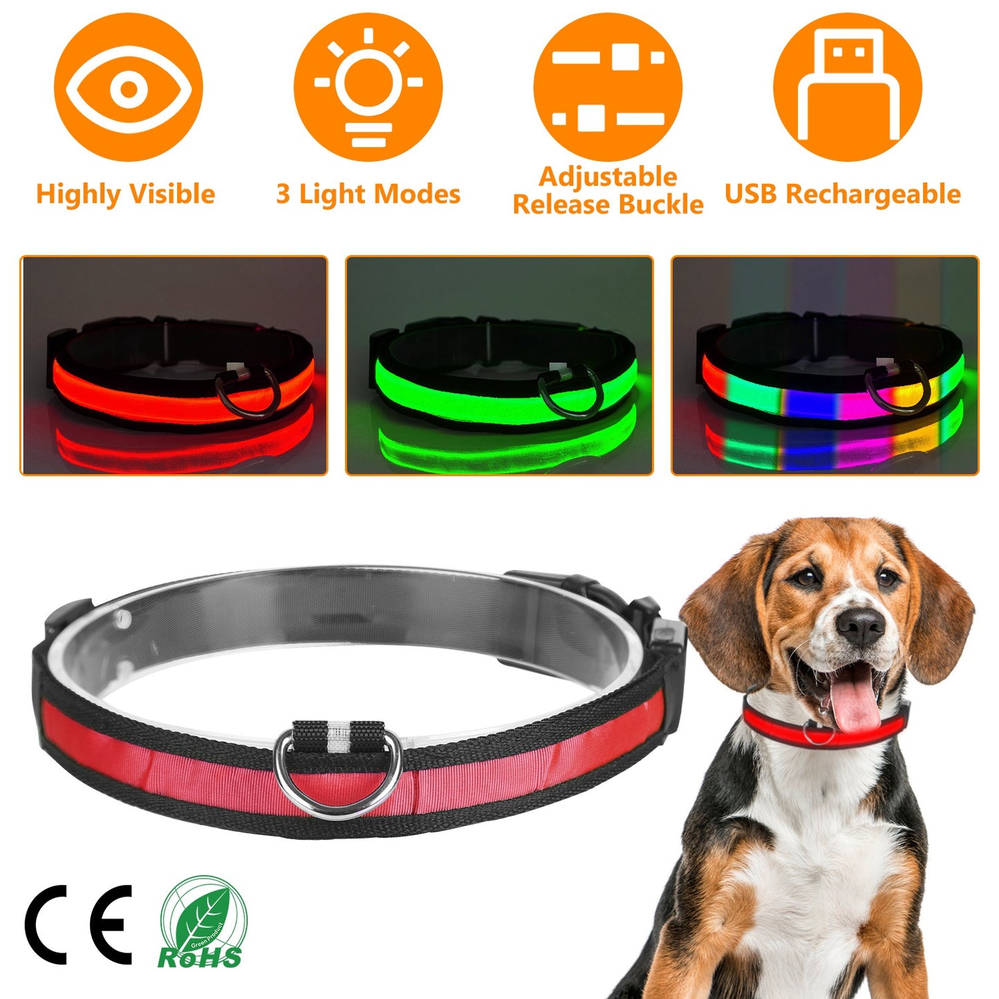 LED Dog Collar USB Rechargeable with Night Safety Lights