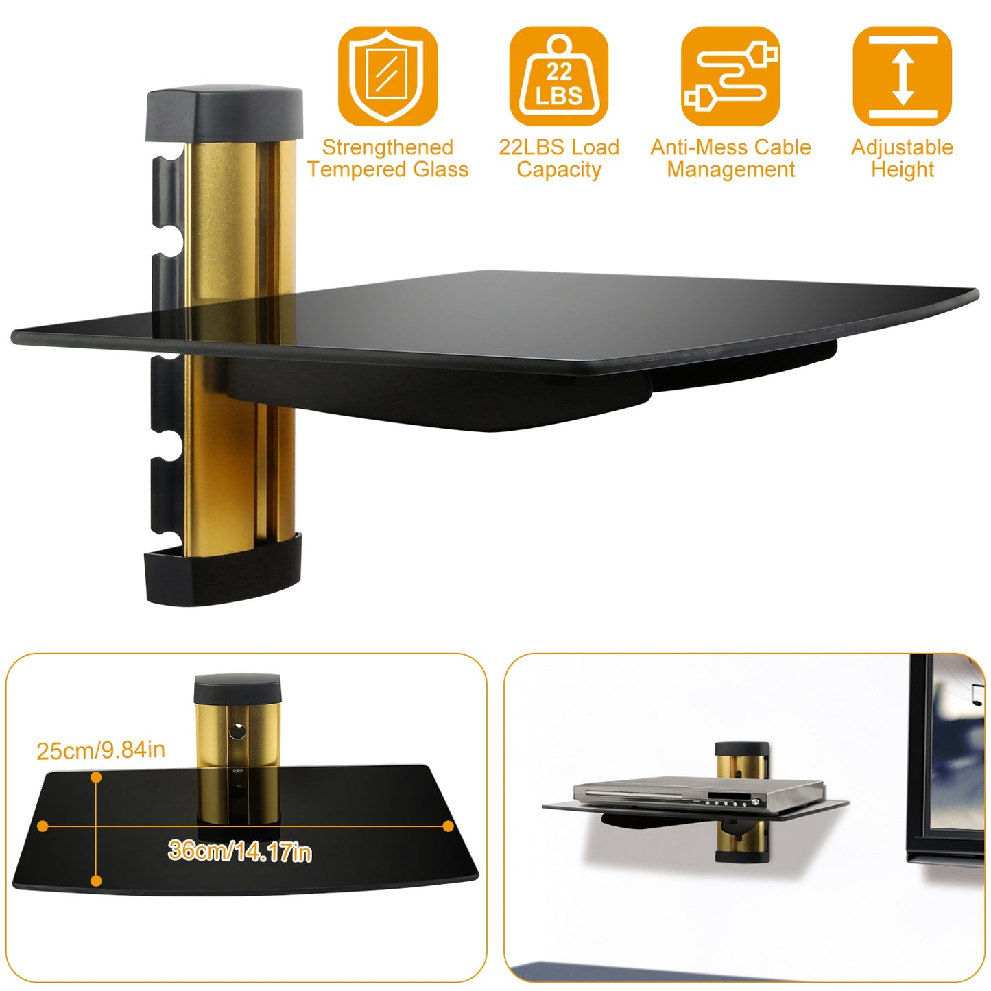 Tempered Glass Wall Shelf with Cable Management - 22lb Capacity