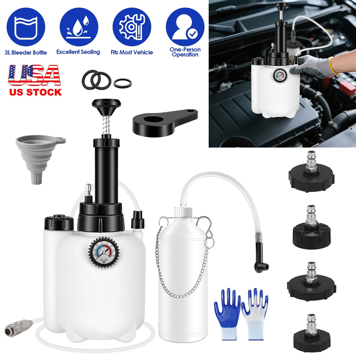 3L Manual Brake Bleeder Kit with 4 Adapter Caps