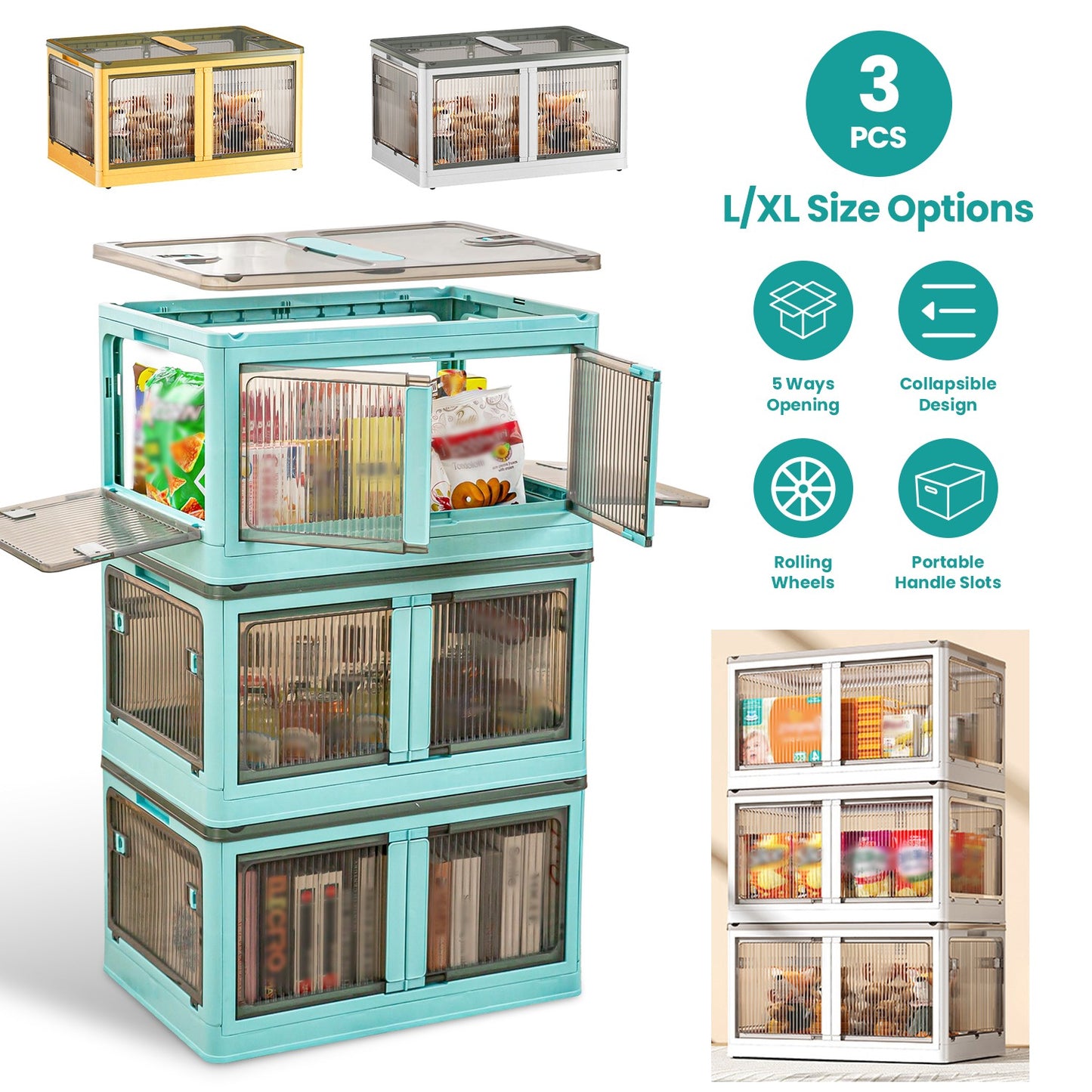 Foldable Storage Bins with Lids & Wheels - 3 Pack Stackable
