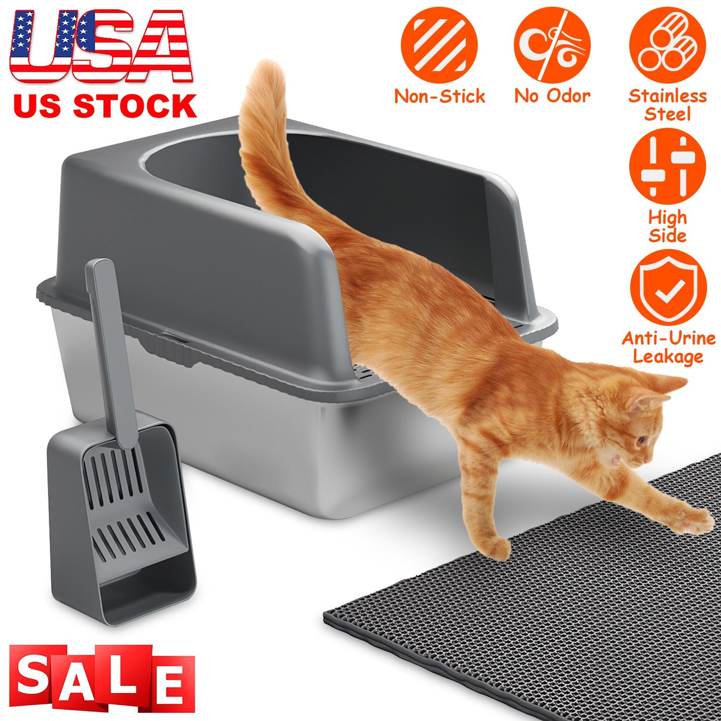 Enclosed Stainless Steel Cat Litter Box with Lid - Large