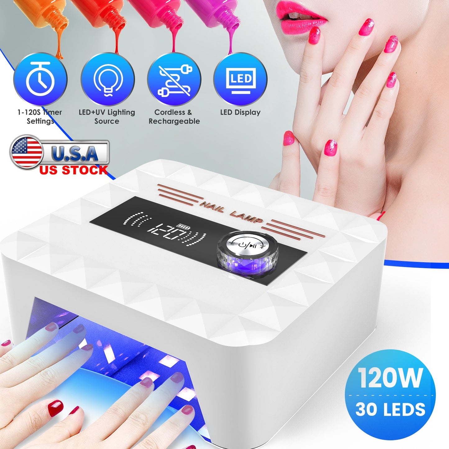 120W Cordless UV Nail Lamp Rechargeable Gel Curing Lamp Gel Polish Light Nail Dryer with LED Display 1-120S Timer Settings 30 LED Beads for Salon and