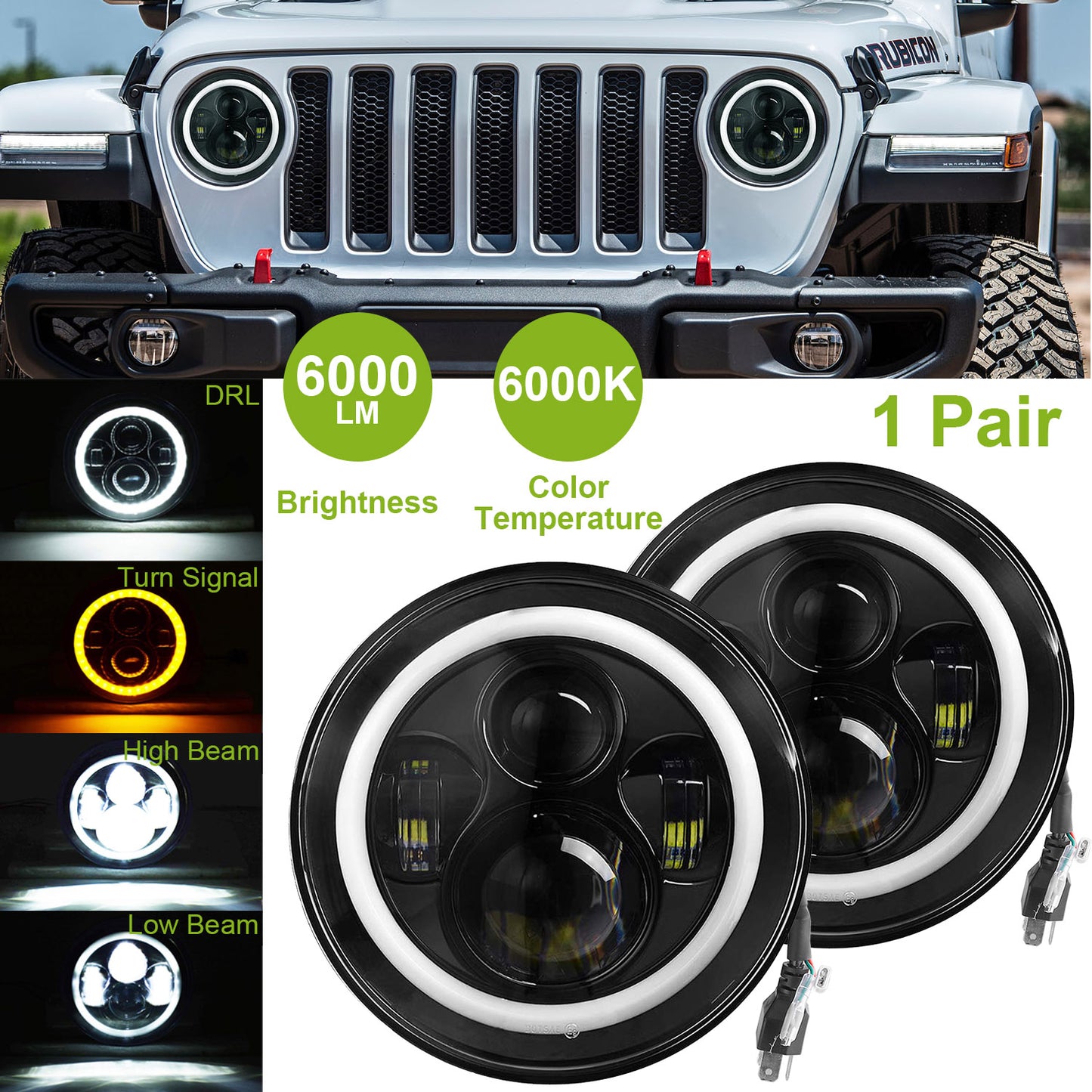 7" Round LED Headlights with Halo Angel Eyes for Jeep Wrangler