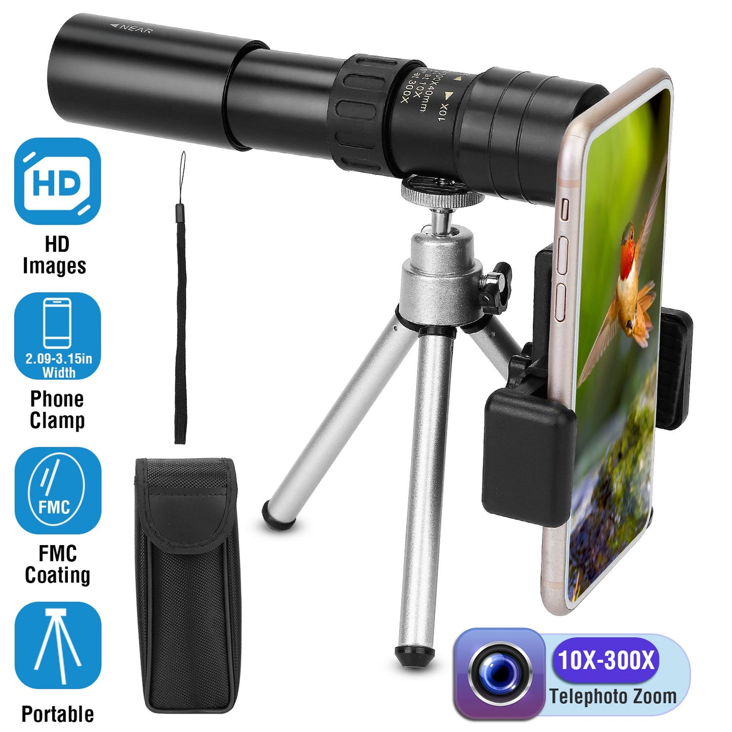 Monocular Telescope 10X-300X Zoom with Phone Holder & Tripod