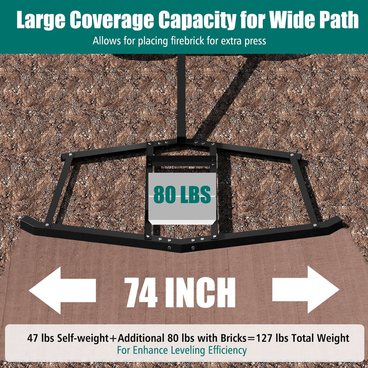 74 inch Wide Driveway Drag Tow Behind Landscape Leveling Rake with Reinforced Bars-Black