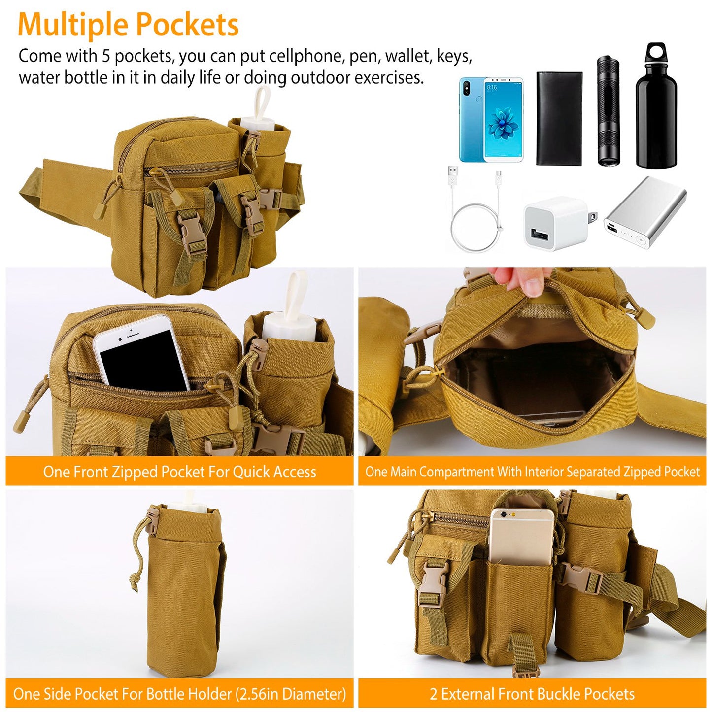 Tactical Waist Bag with Water Bottle Holder - 20L Capacity