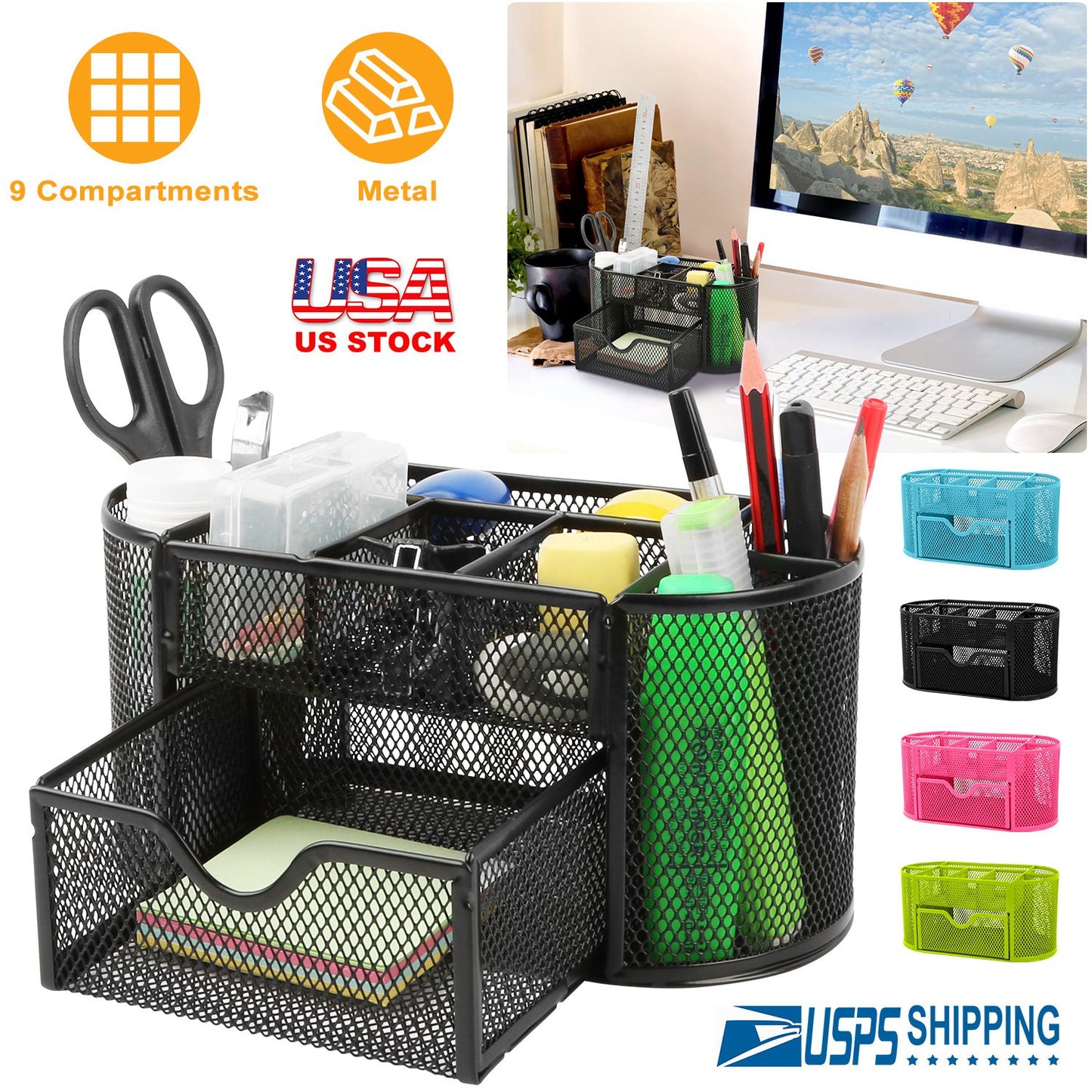 Metal Mesh Desk Organizer with 9 Compartments & Drawer