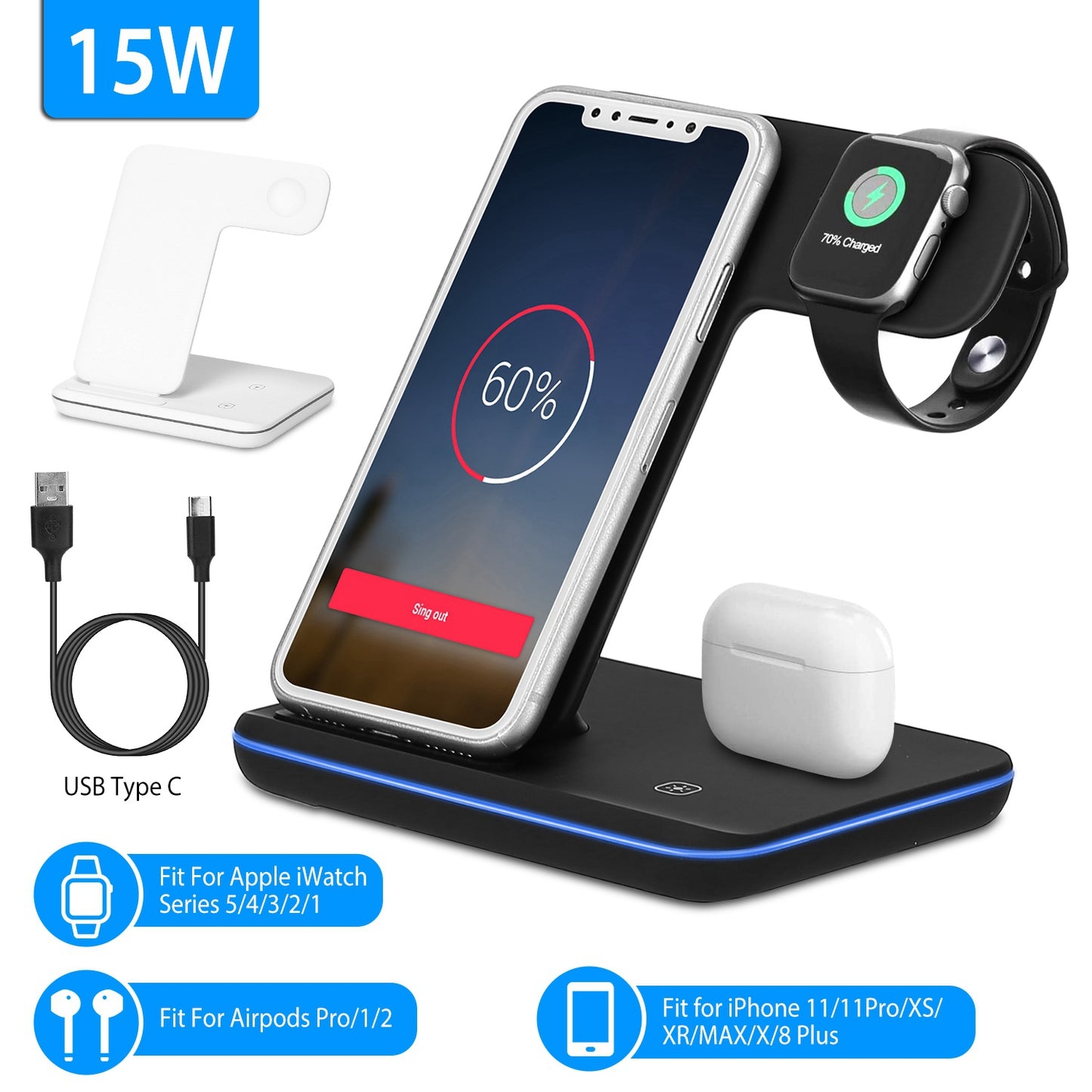 3-in-1 Wireless Charging Station 15W Fast Charge Dock