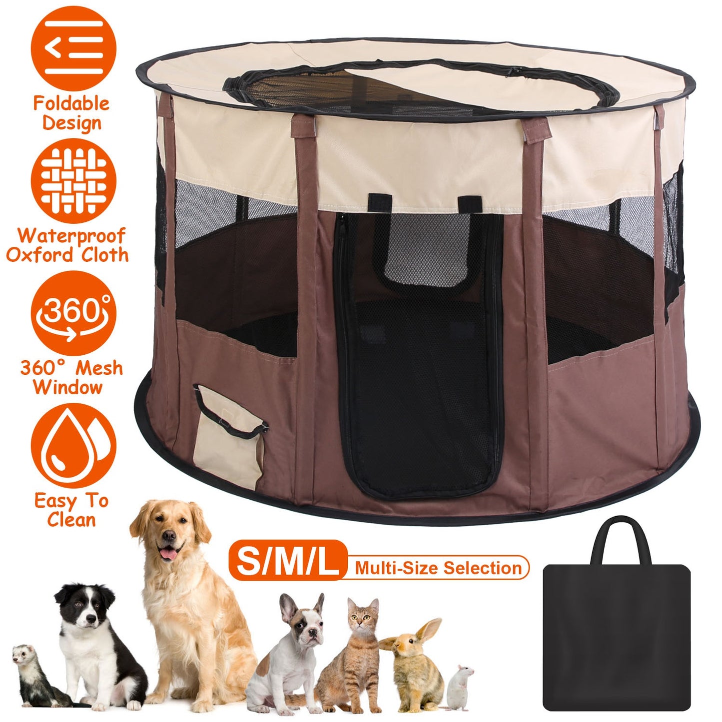 Foldable Dog Playpen with Carry Bag - Waterproof Pet Tent