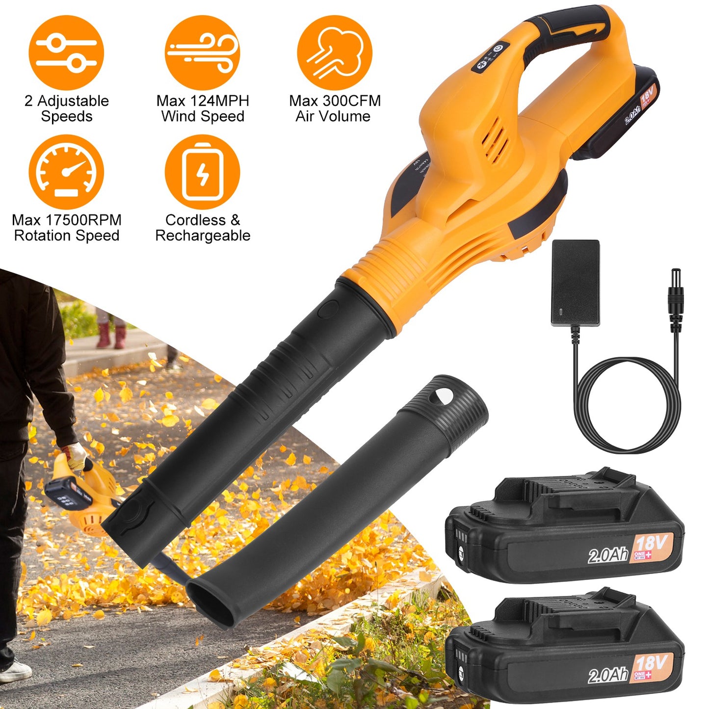 Cordless Leaf Blower 124MPH with 2 Batteries & Charger