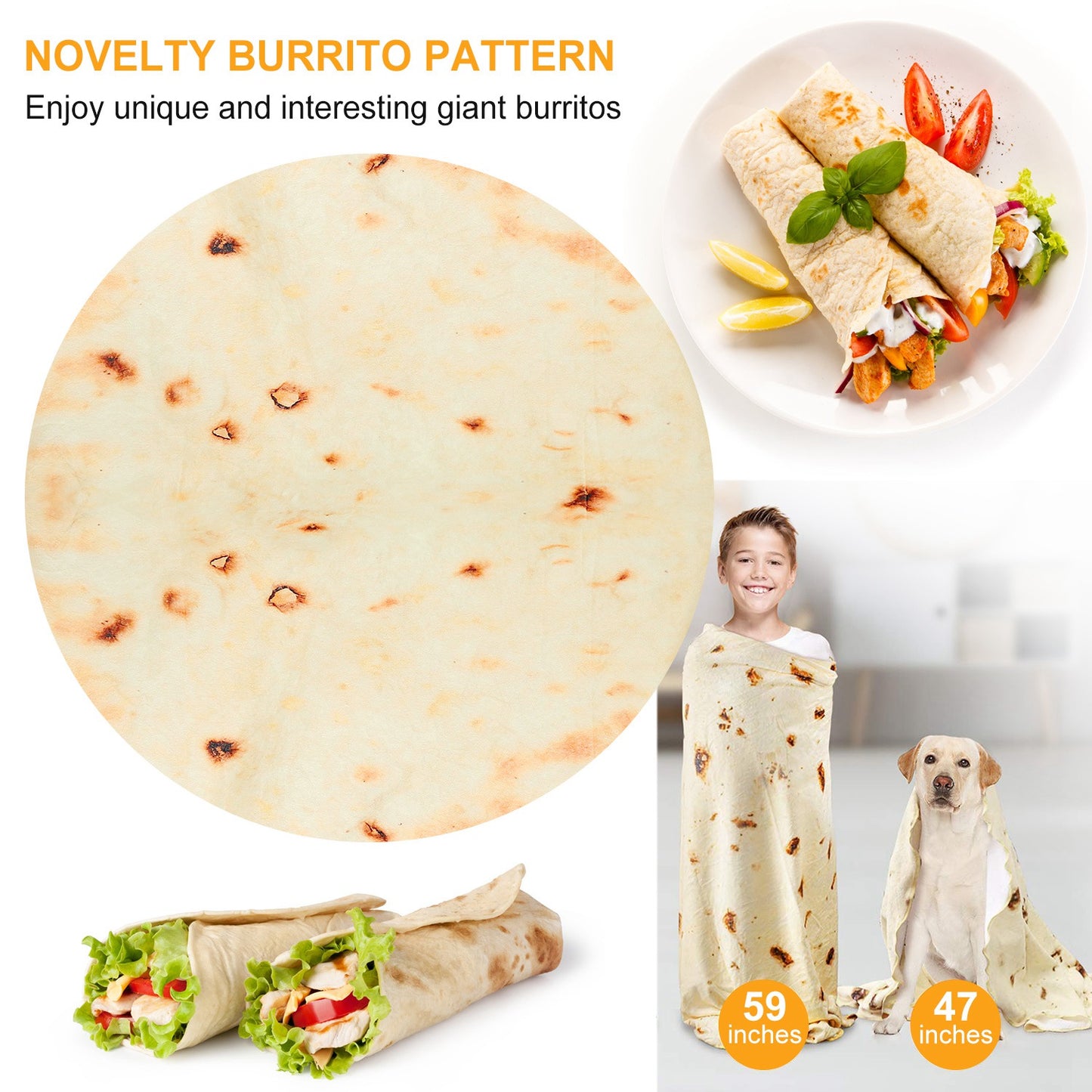 Burrito Tortilla Novelty Throw Blanket - Soft Flannel Round Wrap