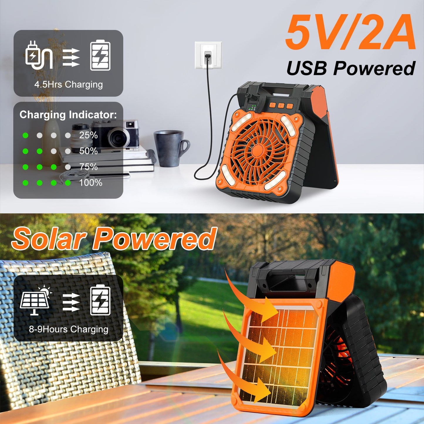 Solar Camping Fan with LED Lantern & 5200mAh Power Bank