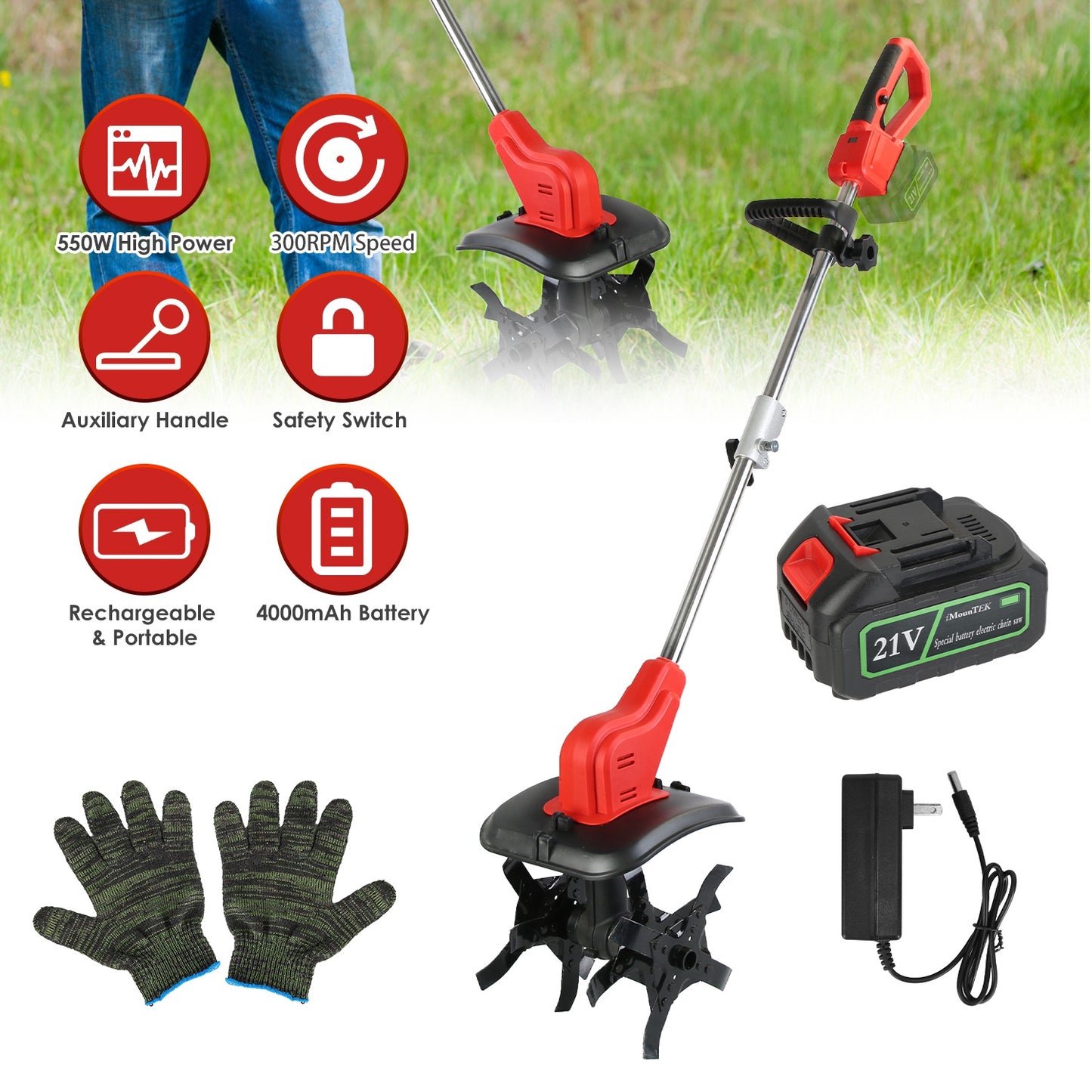 21V Cordless Electric Tiller Cultivator with 4 Blades