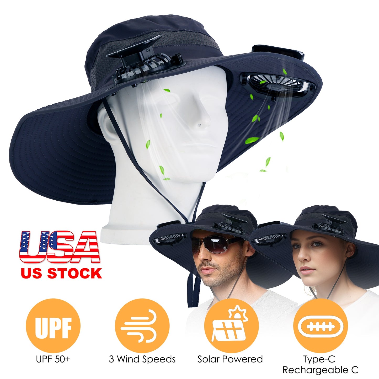 Wide Brim Sun Hat with Dual Rechargeable Fans & UPF50+