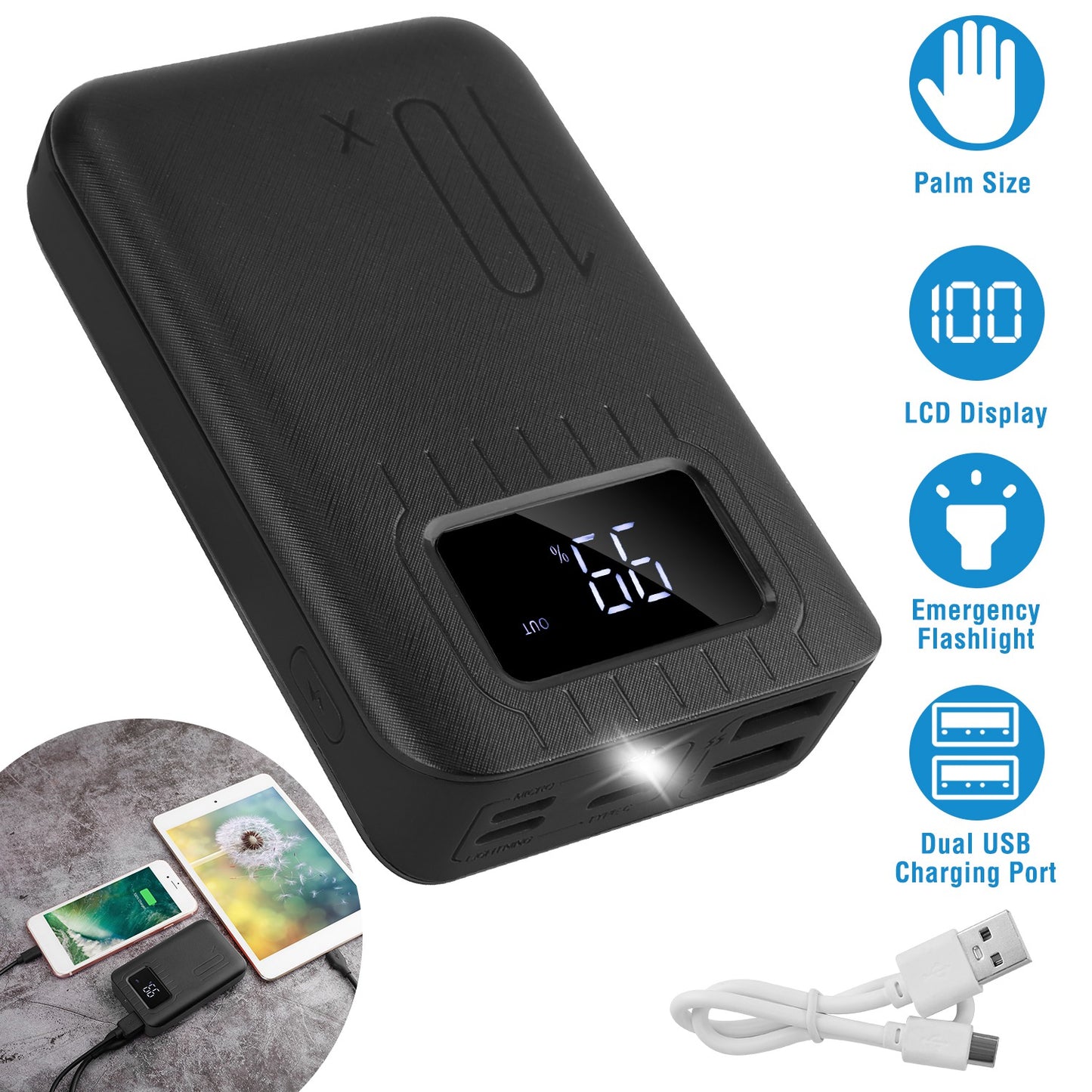 10000mAh Portable Power Bank with Dual USB Ports & LCD Display