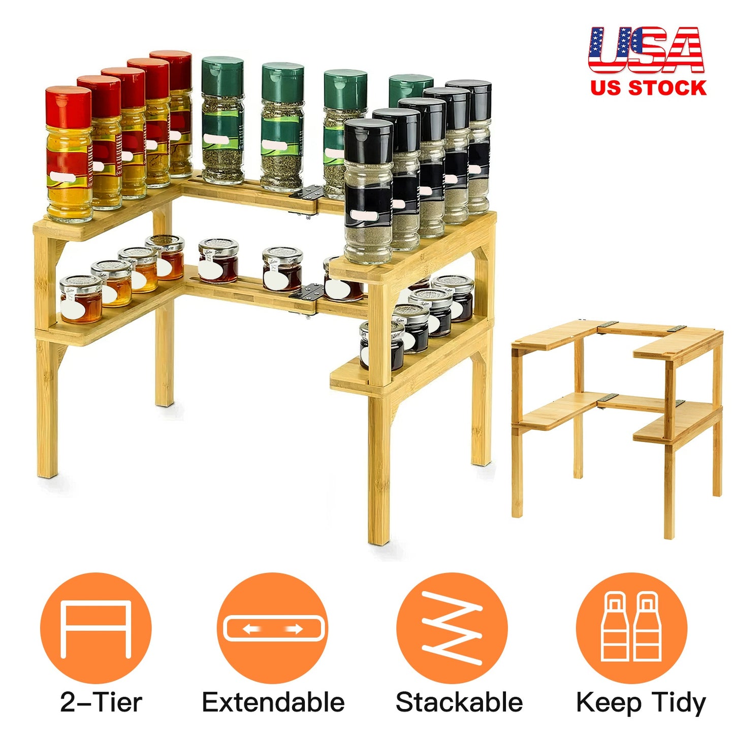 2-Tier Expandable Bamboo Spice Rack Organizer for Cabinet