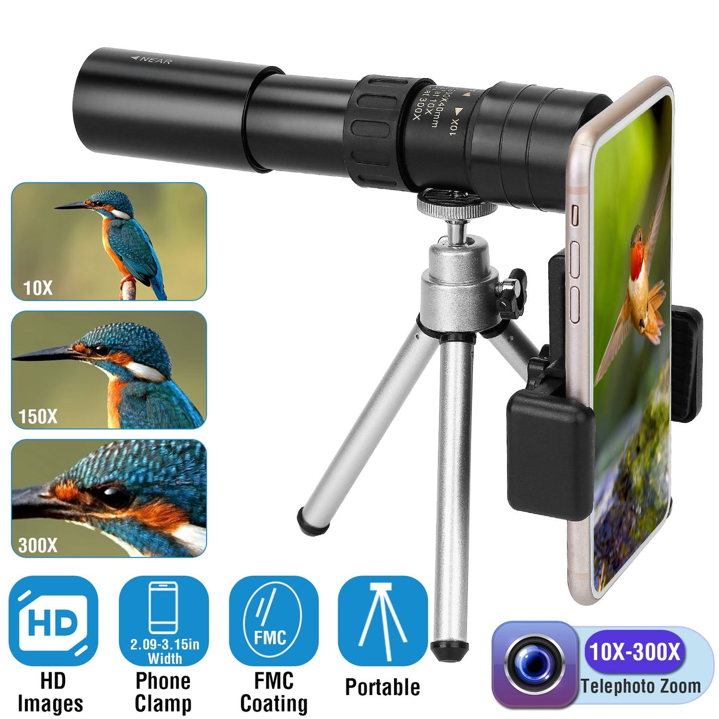 Monocular Telescope 10X-300X Zoom with Phone Holder & Tripod