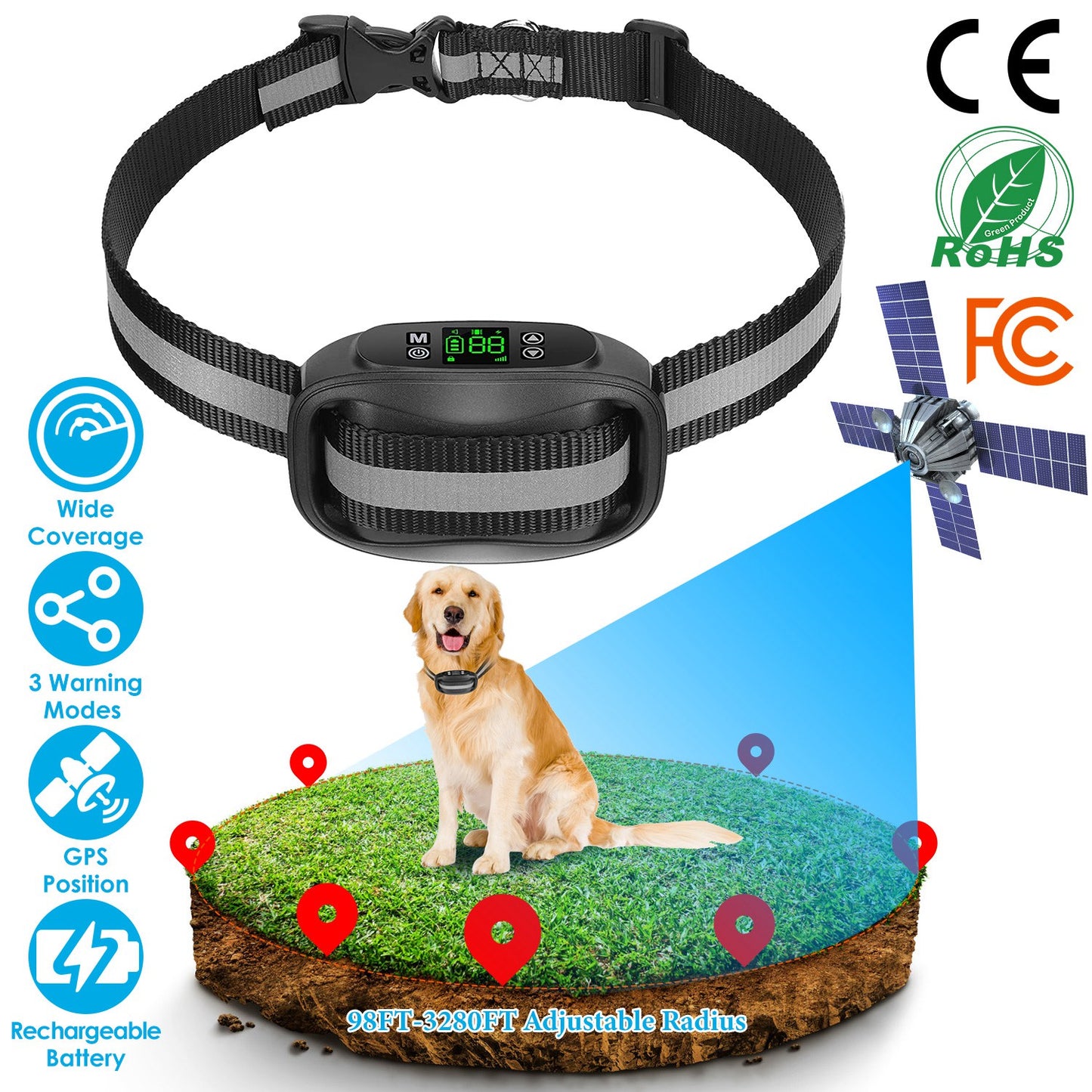 GPS Wireless Dog Fence with Rechargeable Collar & IPX7 Waterproof