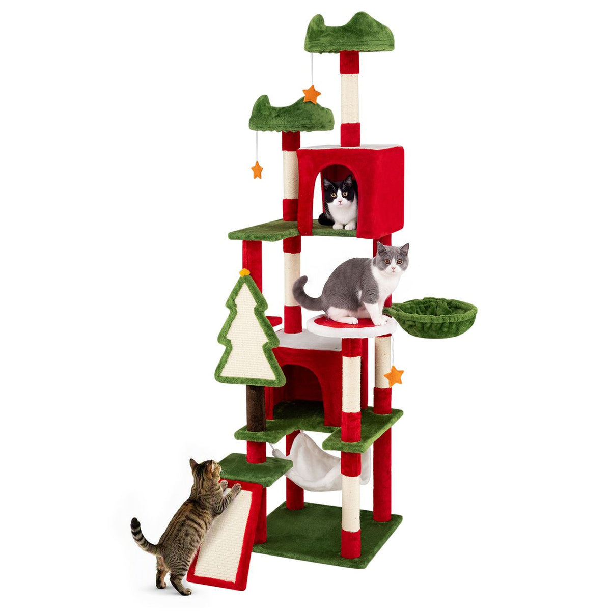 75 Inch Tall Christmas Cat Tree Tower Multi-Level with 2 Large Condos-Red