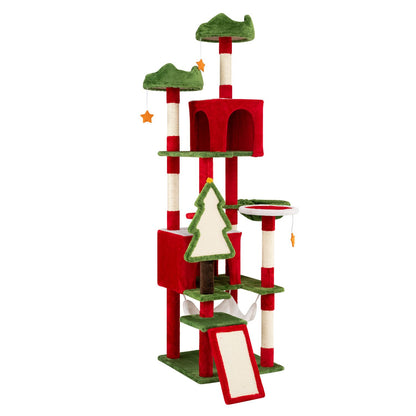75 Inch Tall Christmas Cat Tree Tower Multi-Level with 2 Large Condos-Red