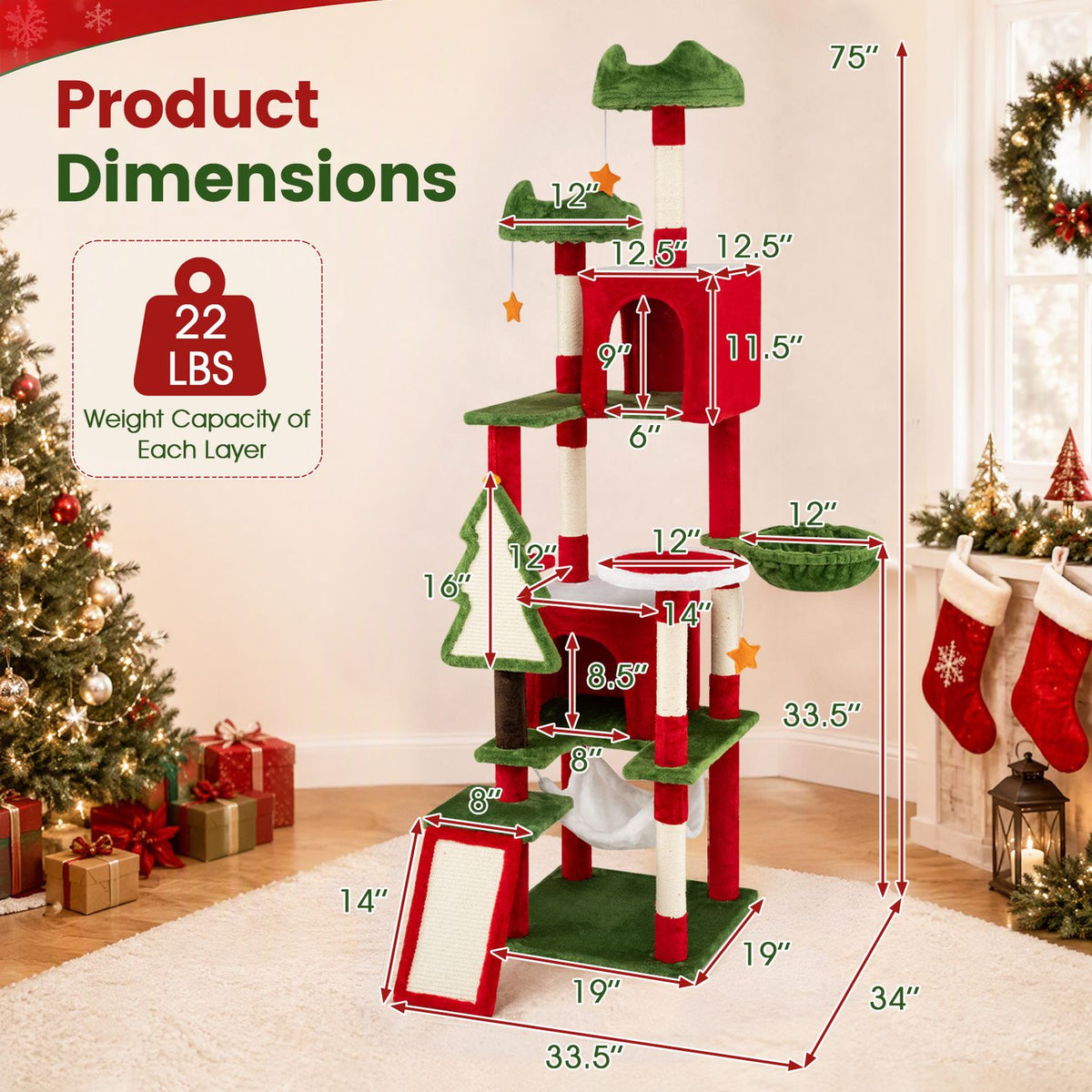 75 Inch Tall Christmas Cat Tree Tower Multi-Level with 2 Large Condos-Red