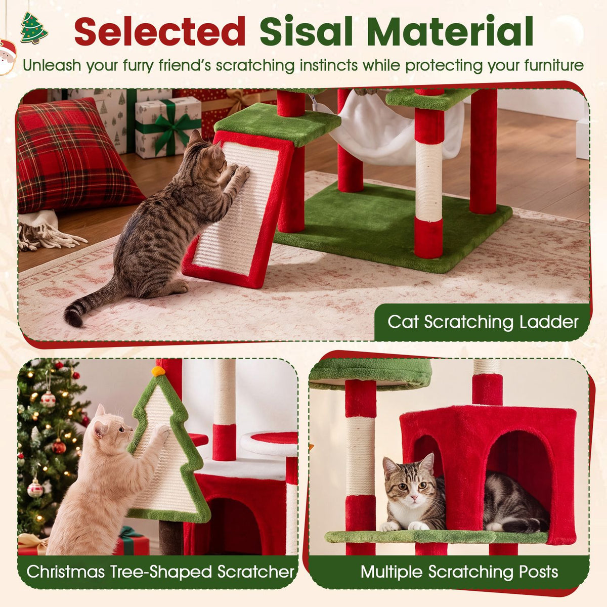 75 Inch Tall Christmas Cat Tree Tower Multi-Level with 2 Large Condos-Red